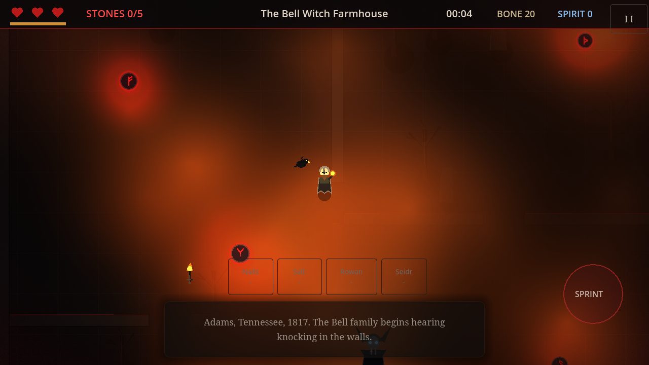 Top-down gameplay inside the Bell Witch Farmhouse, torchlight glowing