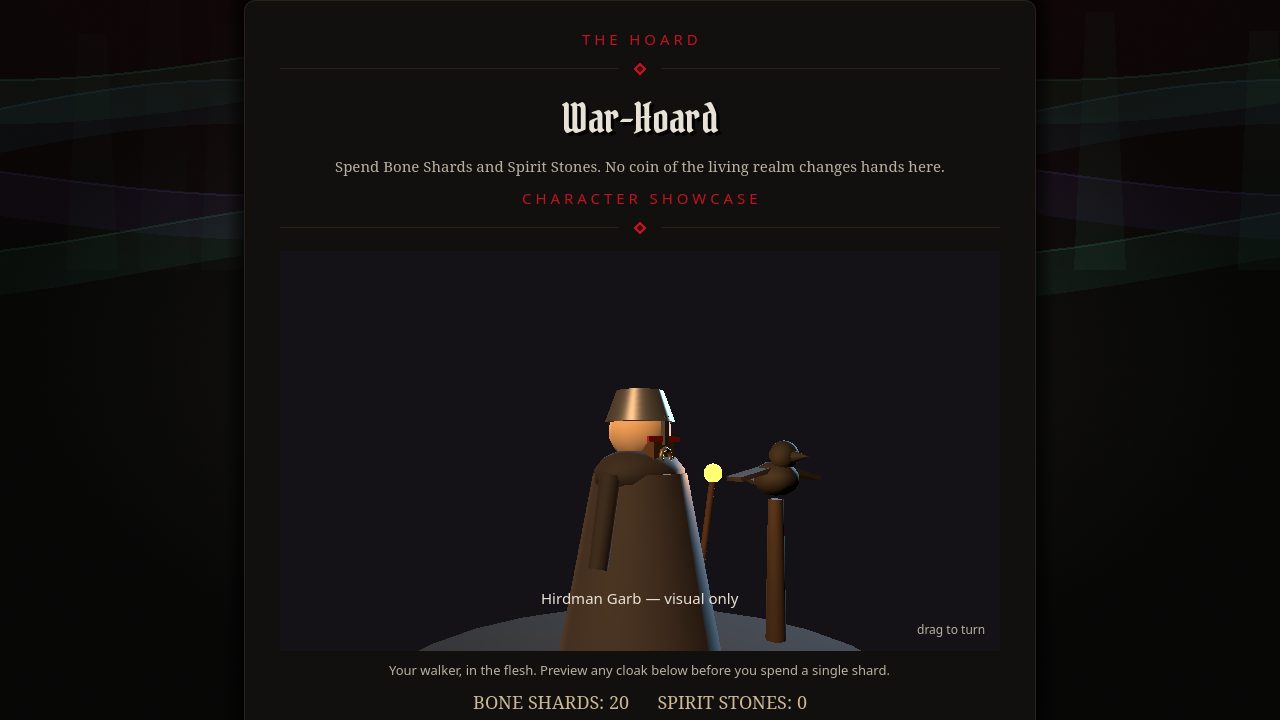 The War-Hoard screen with a 3D character showcase